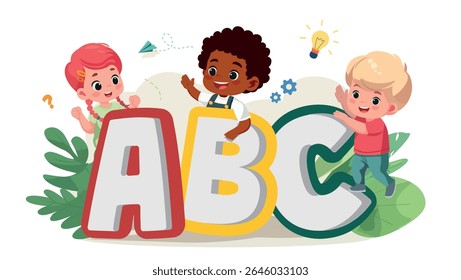 crianças abc alfabeto aprendizagem banner desenho animado vetor ilustração	