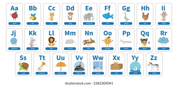 Kids ABC cards. English alphabet flashcards set. Vector design. Cartoon animals, food, objects, transport and other illustrations. 