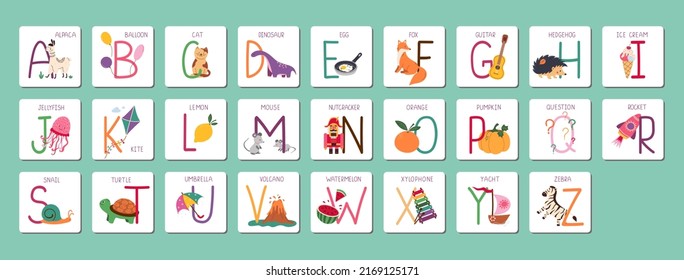 Kids ABC cards. Letter study set, english alphabet with food, animals and fairy tale characters cartoon illustrations vector collection.