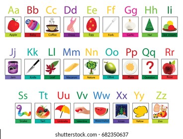 Kids ABC cards. Letter study set, English alphabet with food, animals and cartoon characters illustrations vector collection. Flashcards for pupils or students in school learning from Abc to z