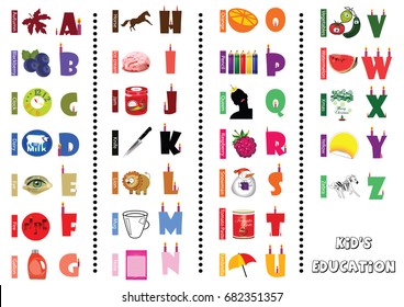 Kids ABC cards. Letter study set, English alphabet with food, animals and cartoon characters illustrations vector collection. Flashcards for pupils or students in school learning from Abc to z