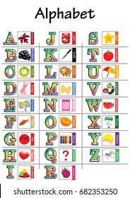 Kids ABC cards. Letter study set, English alphabet with food, animals and cartoon characters illustrations vector collection. Flashcards for pupils or students in school learning from Abc to z