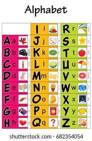 Kids ABC cards. Letter study set, English alphabet with food, animals and cartoon characters illustrations vector collection. Flashcards for pupils or students in school learning from Abc to z