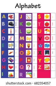 Kids ABC cards. Letter study set, English alphabet with food, animals and cartoon characters illustrations vector collection. Flashcards for pupils or students in school learning from Abc to z