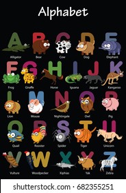 Kids ABC cards. Letter study set, English alphabet with funny animals and cartoon characters illustrations vector collection. Flashcards for pupils or students in school learning from Abc to z