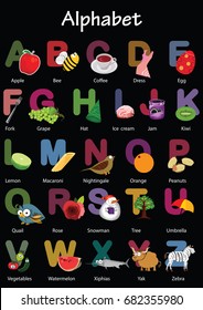 Kids ABC cards. Letter study set, English alphabet with food, animals and cartoon characters illustrations vector collection. Flashcards for pupils or students in school learning from Abc to z