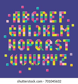 Kids ABC, Spectral geometric typefont. 80s style. Cubic letters. Fun characters. Square font. Colorful alphabet.