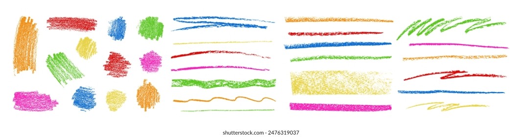 Kids abstract chalk scribbles in bright colors. Vector hand-drawn textured divider bar lines, circles, zigzags and waves. Yellow, green, blue, red and orange pastel smears, scrawls, scratches on white