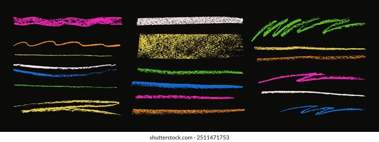 Crianças abstrato giz rabisca em cores vívidas brilhantes. Vetor mão-desenhado divertido áspero texturizado linhas de realce e tiras. Esfregaços de ziguezague de pastel, rabiscos, arranhões. Doodle crayon funky linhas no preto