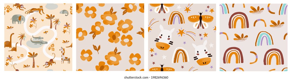 Kids abstract collection of seamless pattern set. Modern design for wall art, textile, paper, cover, fabric, interior decor and other users.