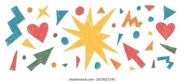 Kids abstract geometric elements crayon drawn set. Arrow, star and triangles doodle shapes on white background. Kindergarten naive figures. Vector childish scribble graphic wax crayon illustration.