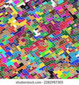 Kinder abstraktes mehrfarbiges, geometrisches Muster mit quadratischen Fragmenten, Random-Pixel-Puzzle, mehrfarbiger Low-Resolution-Effekt, Retro-Textur der 80er, Cube-Mode, Hintergrund der Kinderkonstruktion
