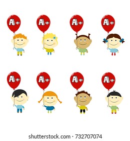 Kids Achievement set vector illustration.Smiling children looking up with red balloons in hands with A+ mark. Stickers for school and kindergarten. Vector Achievement school Labels