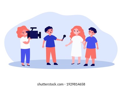 Kids Acting News Reportage Shooting. Children With Video Camera, Interview, Microphone. Flat Vector Illustration. Childhood, Role Play Concept For Banner, Website Design Or Landing Web Page