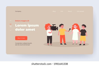 Kids Acting News Reportage Shooting. Children With Video Camera, Interview, Microphone. Flat Vector Illustration. Childhood, Role Play Concept For Banner, Website Design Or Landing Web Page