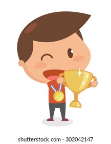 Kids in action. Trophy. Flat character design. Vector and illustration.