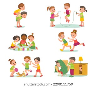 Kids active games. Paired and group children entertainment. Sports mobile or desktop calm. Boys or girls play hide and seek. Nursery activity. Jump rope and leapfrog