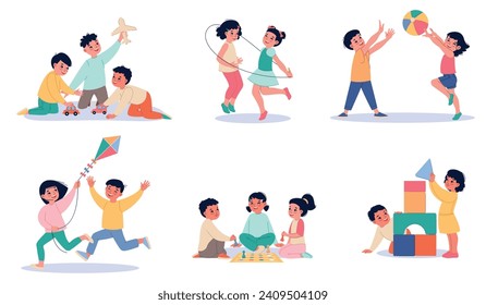 Kids active games set. Cute children playing, happy boys and girls with different toys, group entertainment, running and jumping, kite and constructor, cartoon flat isolated vector set