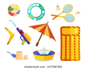Kids activities. Elements flat collection of summer outdoor recreation and on the beach. Summer holiday activity symbols set. Vector illustration set of isolated vacation summer game, sport, rest.