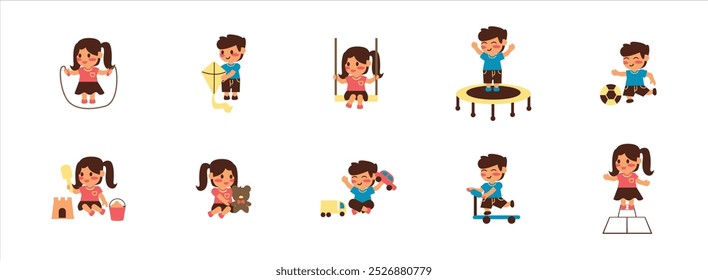 Kids Activities flat illustration set. Include of park, class, game, and play. Vector illustration isolated.