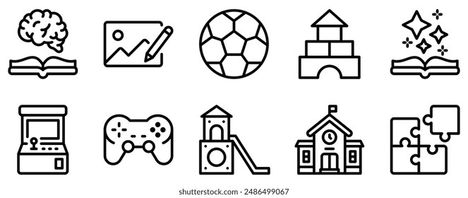 Kids Activities Icon Set Playful Line Style Collection for Fun and Learning