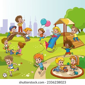 kids activities at the playground.Children playing in the park. Playground with kids. Group of kids playing on playground spending time in games, having fun, fooling around. Summer activities. School 