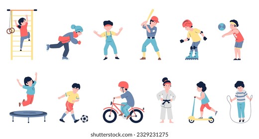 Kids activities, sporting and gaming children. Happy little athletics characters, flat cartoon jumping and running boys and girls, recent vector set