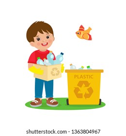 Kids Activities Vector. Ecology Theme Illustration. Boy Gathering Garbage And Plastic Waste For Recycling. Kid Picking Up Plastic Bottles Into Garbage. Waste Recycling For Reuse.Eco education vector.