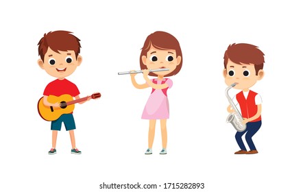 Kids activity. Children playing  on musical instruments. Girl is playing flute.