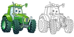 Kids Activity Coloring Book Page. Tractor. Agricultural Transport. Colorless And Color Samples. Coloring Clipart Design In Cartoon Style. Vector Illustration.