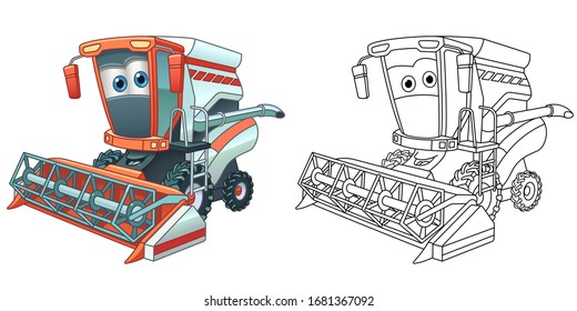 Kids activity coloring book page. Combine. Harvester machine. Agricultural transport. Colorless and color samples. Coloring clipart design in cartoon style. Vector illustration.