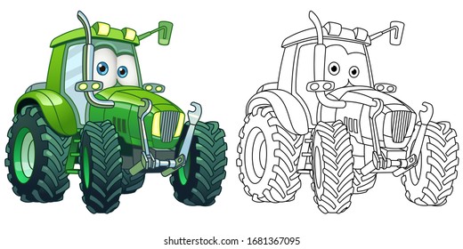 Kids activity coloring book page. Tractor. Agricultural transport. Colorless and color samples. Coloring clipart design in cartoon style. Vector illustration.