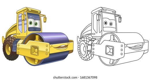 Kids activity coloring book page. Asphalt paver. Road roller machine. Colorless and color samples. Coloring clipart design in cartoon style. Vector illustration.