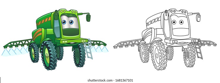 Kids activity coloring book page. Agricultural sprayer. Farming transport. Colorless and color samples. Coloring clipart design in cartoon style. Vector illustration.