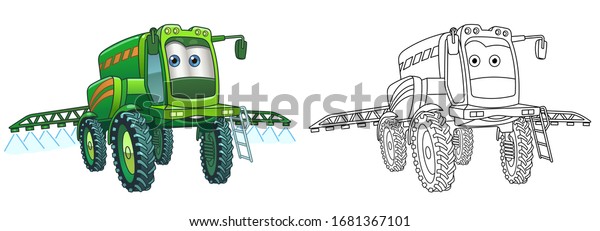 Kids activity\
coloring book page. Agricultural sprayer. Farming transport.\
Colorless and color samples. Coloring clipart design in cartoon\
style. Vector\
illustration.
