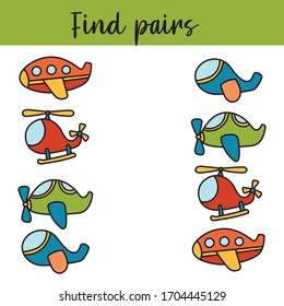 Kids activity. Find the same pictures children educational game. Find equal pairs.