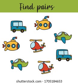 Kids activity. Find the same pictures children educational game. Find equal pairs.