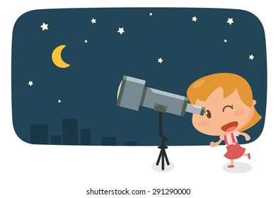 Kids activity. Flat character design. vector illustration. Kid with binocular.