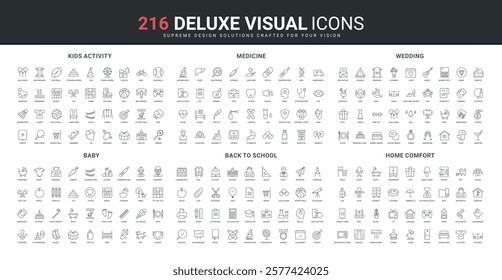 Kids activity and games, back to school, hospital and medical services, home comfort equipment line icon set. Wedding contract and ceremony, gift, cake thin black outline symbols vector illustration