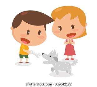 Kids activity. Giving a bone to the dog. Flat character design. vector and illustration.