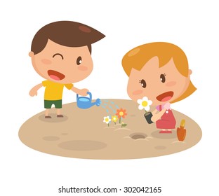 Kids activity. Growing flowers. Flat character design. vector and illustration.