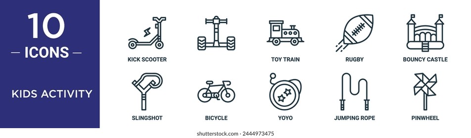 kids activity outline icon set includes thin line kick scooter,  , toy train, rugby, bouncy castle, slingshot, bicycle icons for report, presentation, diagram, web design svg