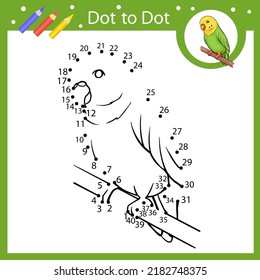 Kids activity page and coloring book with a budgie. Dot to dot game connect drawing of a parrot. Children education worksheet. Vector illustration.