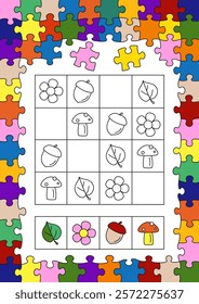 Kids activity page. Fill in the blank and color. Vector illustration.