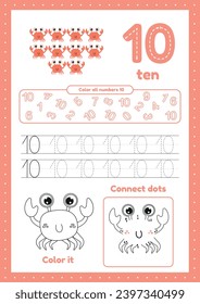 Kids activity page with many exercises. Learn number ten. Coloring, tracing crab