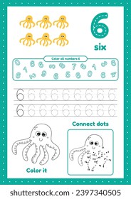 Página de actividad infantil con muchos ejercicios. Aprende el número seis. Colorante, pulpo de rastreo