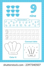 Kids activity page with many exercises. Learn number nine. Coloring, tracing shell