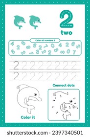 Kids activity pages. Learn numbers. Preschool worksheets. Number one. Coloring, tracing dolphin