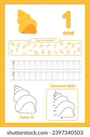Páginas de actividad infantil. Aprende números. Hojas de cálculo preescolares. Número uno. Coloración, shell de seguimiento