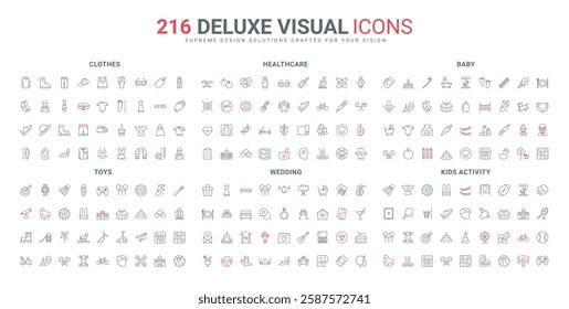 Kids activity and sport, baby food, clothes and care line icon set. Romantic honeymoon and wedding celebration, healthcare and yoga meditation thin black and red outline symbols vector illustration